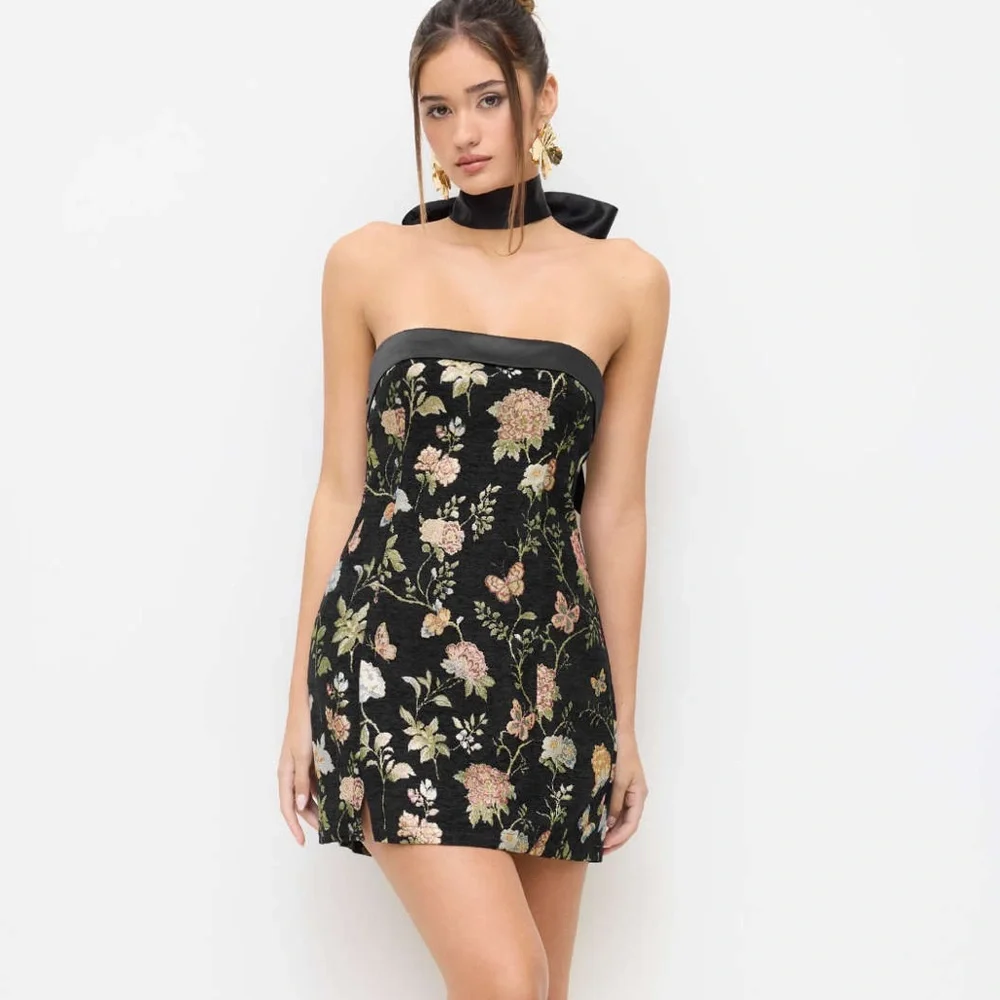 Floral Strapless Black Dress - Picture 3 of 9